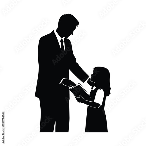 A silhouette of a family presenting flowers to a formally dressed man