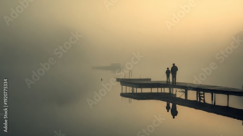 Father and son fishing in foggy sunrise on lake