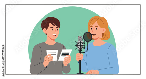 Male and Female Podcaster Recording Show.
