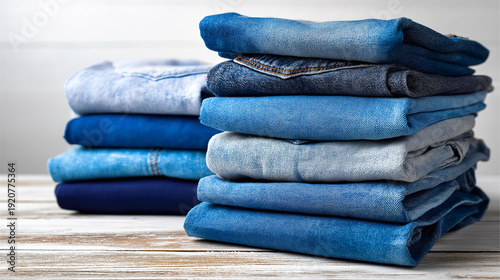 Wallpaper Mural Pile of jeans on white background, stack various blue jeans denim collection, clothing inventory visualization, fashion textile display, with copy space Torontodigital.ca