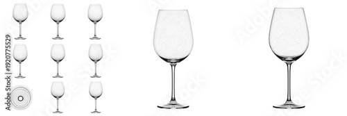 Set and collection of elegant crystal wine glasses in various sizes and perspective views for restaurant and celebration isolated on white transparent PNG background