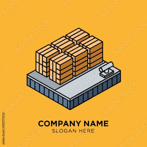 Isometric illustration of shipping containers on a dock with a forklift.