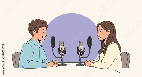 Man and Woman Sitting with Microphones.
