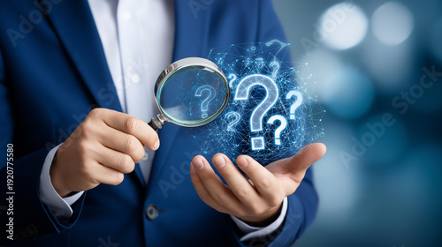 Concept of finding answer questions business lifestyle, AI technology businessman holding magnifying glass, question marks everything using technology, information search visualization,