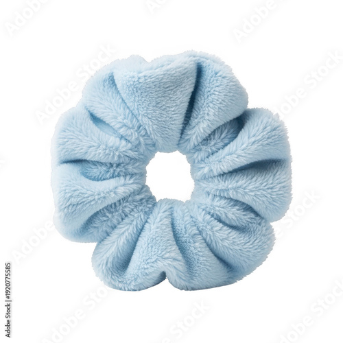 A soft blue scrunchie on a white background, perfect for hair styling. isolated on transparent background
