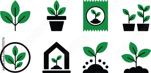 Green plant growth icons set for eco-friendly designs