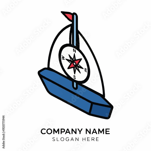 Sailboat with Compass Logo Template for Navigation and Travel.