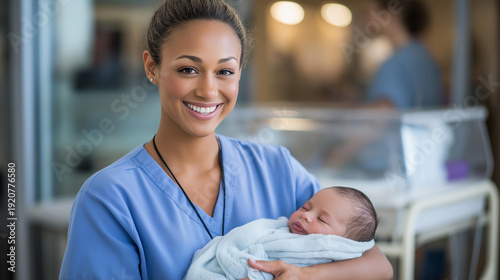 AI-generated image of smiling Black female nurse, cradling swaddled newborn baby hospital, maternity ward NICU clinic healthcare visualization, with copy space
