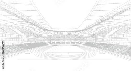 Wireframe blueprint drawing of a large modern athletic stadium featuring a running track and tiered seating under a partial roof structure for major sporting events.