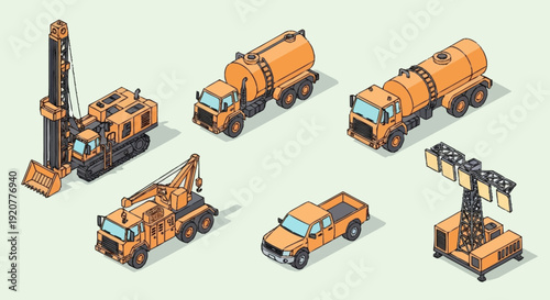 Isometric Heavy Machinery and Vehicles Set.