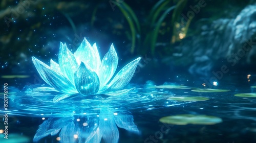 Enchanting blue lotus flower glowing in mystical night pond