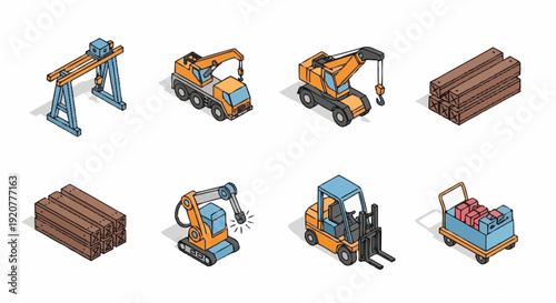 Industrial Forklifts and Warehouse Equipment Set.