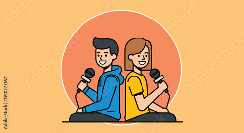 Cartoon Man and Woman Using Microphones.