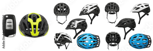 Set and collection of modern aerodynamic bicycle helmets in various colors and perspective views for cycling safety and sports isolated on white transparent PNG background