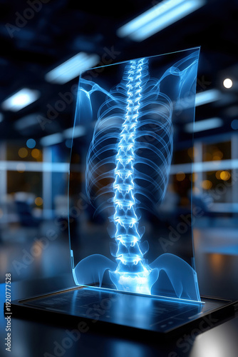 Skeleton model displayed in a modern medical office at night