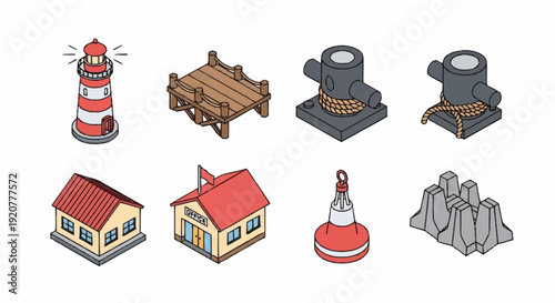 Collection of 3D Icons Representing Various Structures.