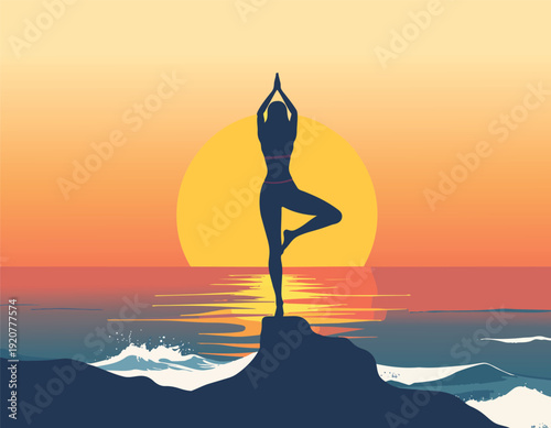 Woman practicing yoga silhouette on the beach at sunset