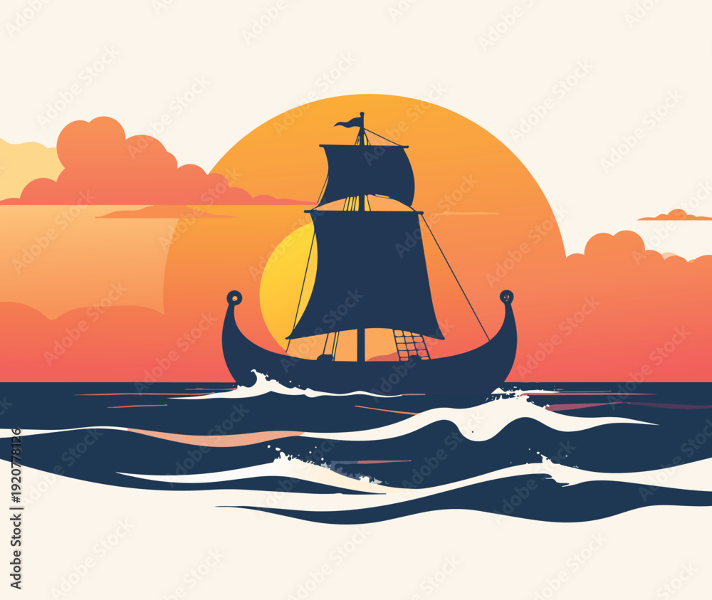 Naklejka premium Sailing ship silhouette on the ocean at sunset with waves and sky background