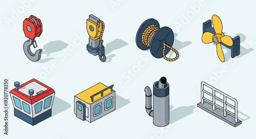 Industrial Equipment and Machinery Isometric Icons Set.