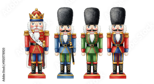 watercolor illustration of four traditional hand-painted wooden nutcracker figures (king, soldiers in vintage blue, green, red uniforms) on a transparent background. charming festive fairytale
