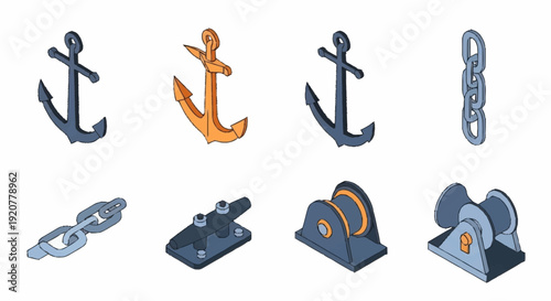 Assorted Nautical Anchors and Chains Objects.