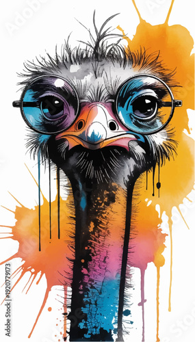A vector comic illustration of an ostrich wearing glasses, drawn with colored pens.