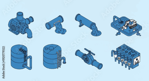 Collection of blue industrial pipe fittings and valves.
