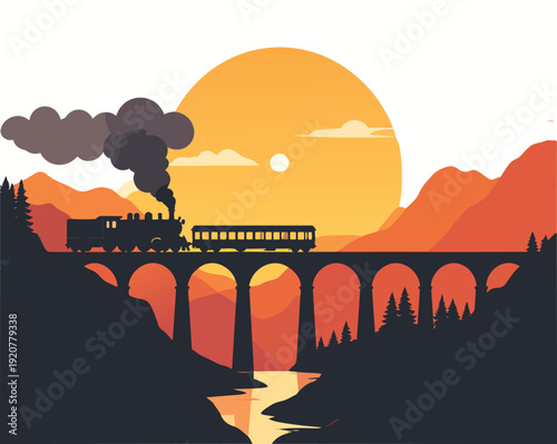 Sunset Train Journey: A classic steam train gracefully traverses a towering railway bridge, silhouetted against a radiant sunset over a scenic landscape.