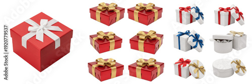 Set and collection of luxury gift boxes in red white and round shapes with gold silver and blue ribbons for Christmas birthday and celebration isolated on white transparent PNG background