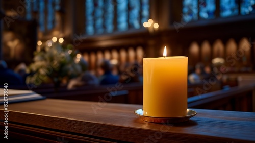 Intricately designed paschal candle beautifully lit in a dimmed church, casting a soothing glow over a prayerful congregation. A serene atmosphere created by the flickering light, enhancing the