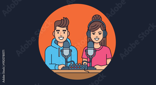 Male and Female Cartoon Podcasters Recording.