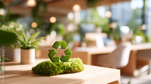 Green Recycle Symbol on Office Table with Professional People Working in the Background