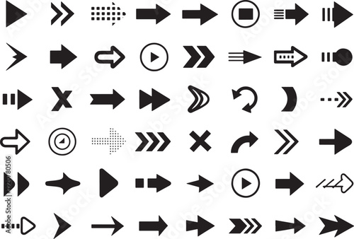 48 Arrow Icons and Navigation Symbols Set. Directional Pointers and Play Buttons for Web Design and App Interface