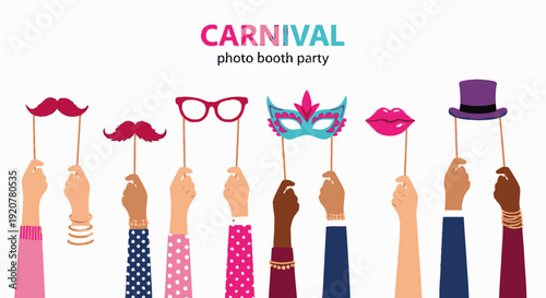 Vibrant carnival party scene with people holding colorful masks and props, capturing joyful moments and festive atmosphere
