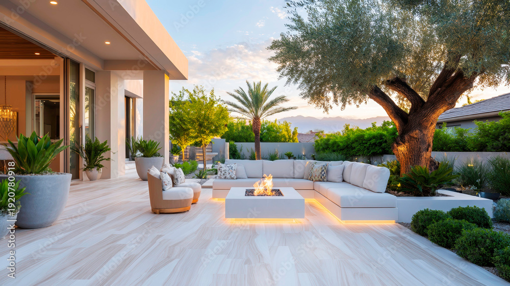 Obraz premium Modern Outdoor Patio Featuring Wood Look Tiles and Fire Pit Seating with Lighting