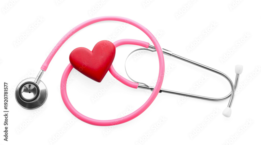 Fototapeta premium Measuring blood pressure. Stethoscope and red heart figure on white background, top view
