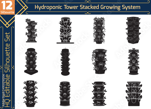 Hydroponic tower silhouette set. Vertical farming and stacked growing system icons. Aeroponics, indoor gardening, and sustainable agriculture vector.