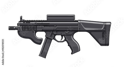 Illustration of a black submachine gun with a magazine, grip, and stock, isolated on a white background.