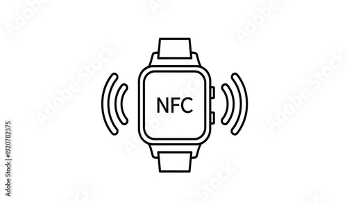 A line drawing of a smartwatch with nfc and wireless signal icon on isolated for technology and communication concepts
