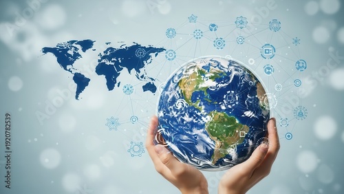 Global business connectivity concept with hands holding earth globe and network icons