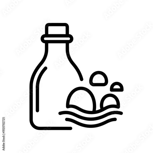 Message in a Bottle Floating on Water with Eggs Line Art Illustration