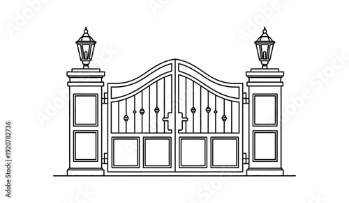 A detailed line drawing of an ornate gate with two lamp posts on either side, featuring a decorative archway and metalwork