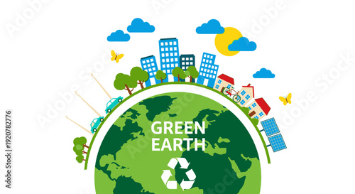 Global sustainability concept illustration featuring green earth with eco-friendly buildings and recycling symbol