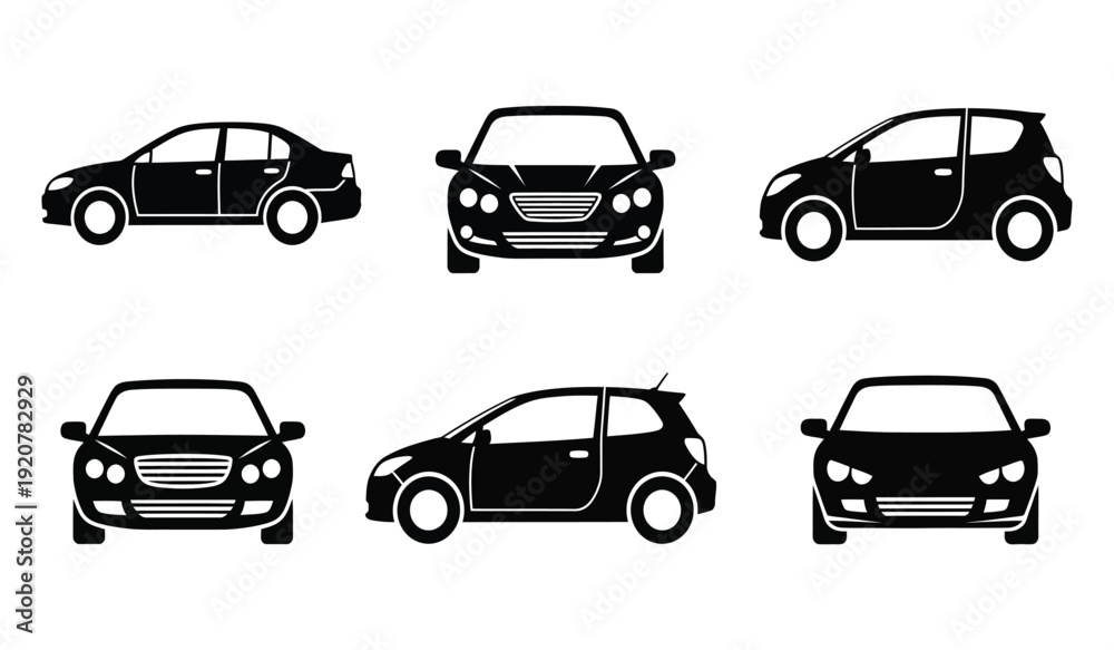 Obraz premium Collection of six black car silhouettes in various angles and positions