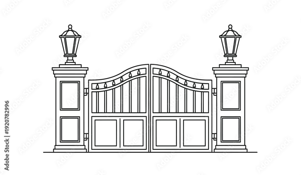 Fototapeta premium A line drawing of a decorative gate with two lamp posts on either side, featuring a wavy top and vertical bars