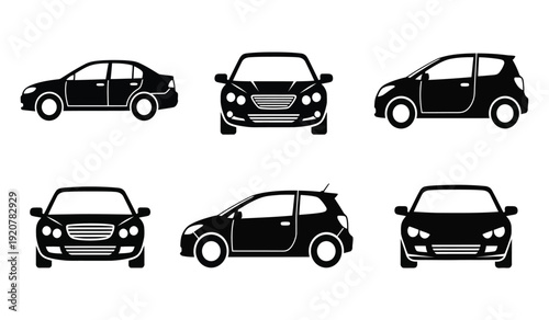 Collection of six black car silhouettes in various angles and positions
