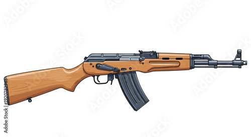 Detailed illustration of a rifle with wooden stock and black magazine, isolated on white.