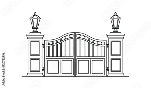 A line drawing of a decorative gate with two lamp posts on either side, featuring a wavy top and vertical bars