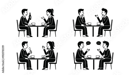 A set of four black and white illustrations depicting business colleagues dining and conversing in a restaurant setting with various expressions