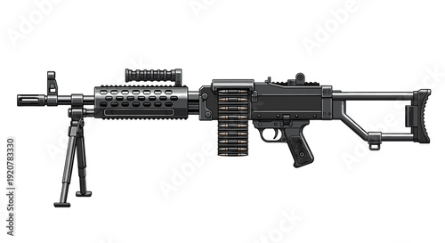 A detailed depiction of a heavy machine gun with bipod and ammunition belt.